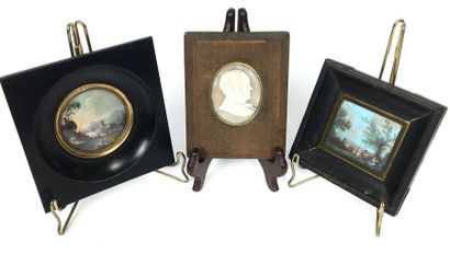 null Set of THREE MINIATURES, one of which has a man's profile in chalcedony signed...