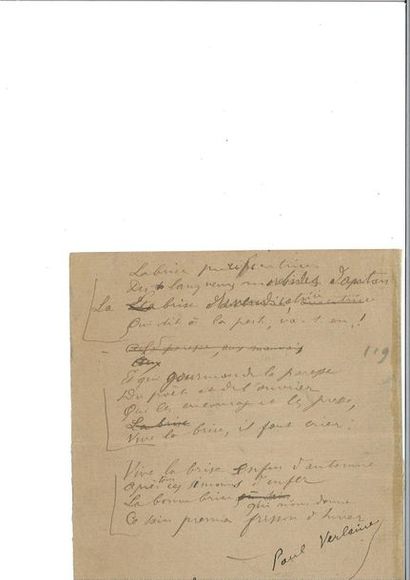 null VERLAINE (Pau l). Poème autographe signé. « En septembre ». 6 quatrains aux...