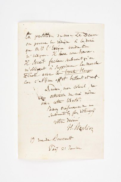null BERLIOZ (Hector). Autograph letter signed [to Colonel Émile-Félix Fleury]. Paris,...