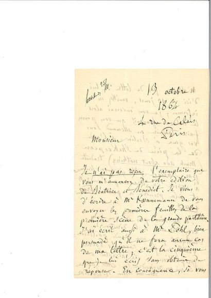 null BERLIOZ (Hector). Autograph letter signed [to the Berlin music publisher Eduard...