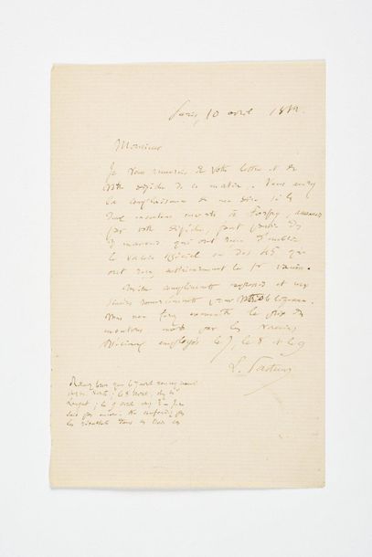 null PASTEUR (Louis). Lettre autographe signée. Paris, 10 avril 1882. 1 p. in-8....