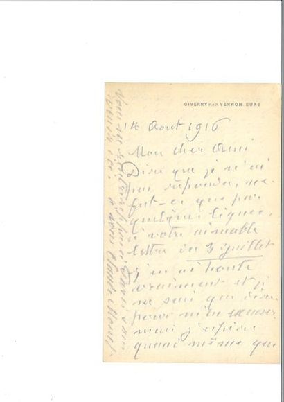 null MONET (Clau de). Autograph letter signed to his "dear friend". Giverny, August...