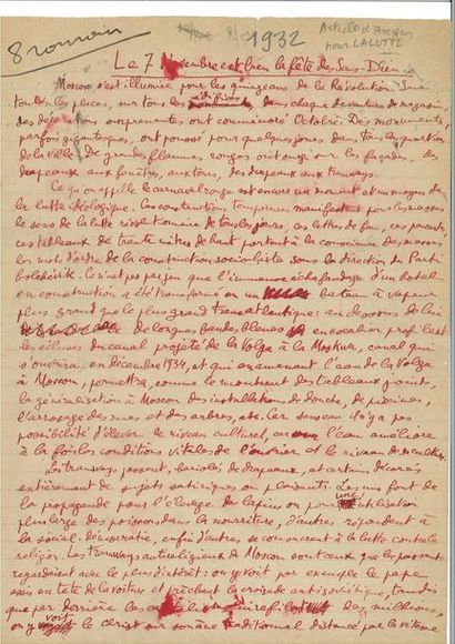  ARAGON (Louis). Signed autograph manuscript entitled "November 7 is indeed the feast...