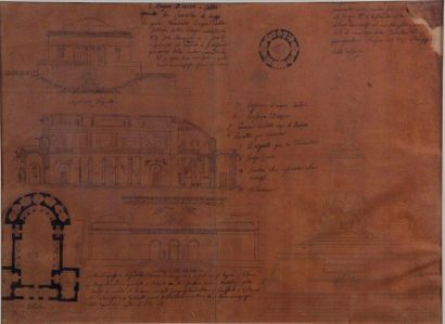 null Ecole Italienne du XIX siècle Projet architectural pour une Bibliothèque. Encre...