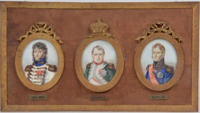 null NAPOLEON, MURAT et NEY. Trois miniatures ovales dans un encadrement de bronze...