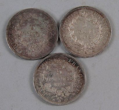 null Lot 3 pièces argent de 5 Fr Hercules: 2 de 1873 une avec lettre K l'autre lettre...