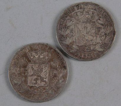 null 2 silver coins of 5 Fr Belgian 1 Leopold I bare head 1865 - the other Leoplod...