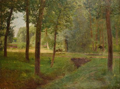 null Camille BERNIER (1823-1902) Paysage aux vaches Huile sur toile Signé en bas...