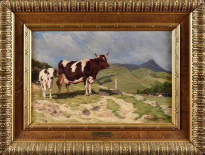 null Walter BIDDLECOMBE (XIX-XX) Vache et son veau dans les alpages Huile sur toile...