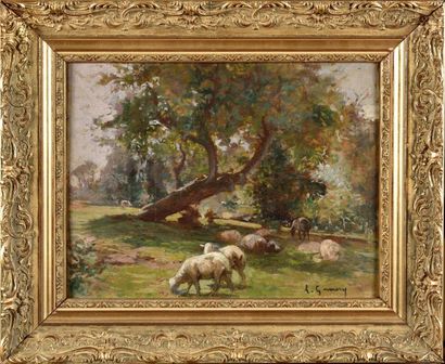 null Adolphe GUMERY (1861-1943) Moutons Mont Saint Michel Oil on panel double-sided,...