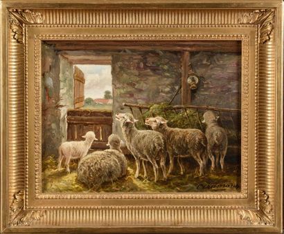 null Charles Ferdinand CERAMANO (1829-1909) Moutons au petit matin Huile sur toile...
