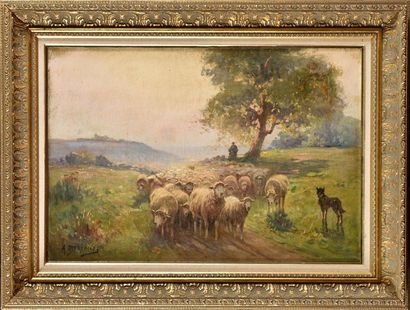 null A. DERIANS (XIX) Moutons et berger sur le chemin Huile sur toile Signé en bas...