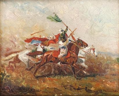 null Eugène PECHAUBES (1890-1967) Cavalier sur son cheval Huile sur carton Signé...