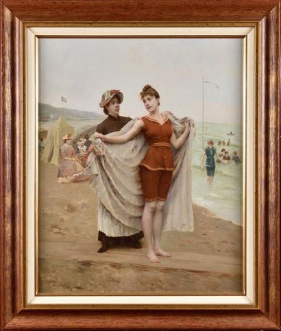 null Jules SCALBERT (1851-1928) Le bain de mer Huile sur panneau Signé en bas à gauche...