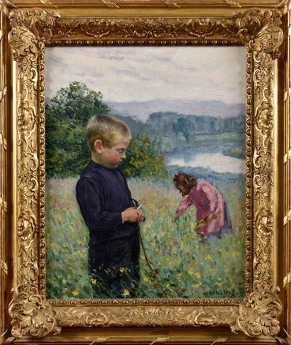 null Léon GIRAN-MAX (1867-1927) Deux enfants dans le pré, 1902 Huile sur toile Signé...