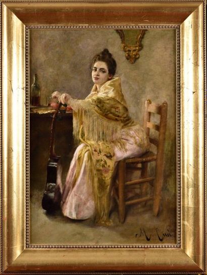 null Manuel CUSI Y FERRET (1857-1922) Femme assise à la guitare Huile sur toile Signé...