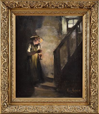 null Allan ÖSTERLIND (1855-1938) Woman with candle Oil on panel, signed lower right...