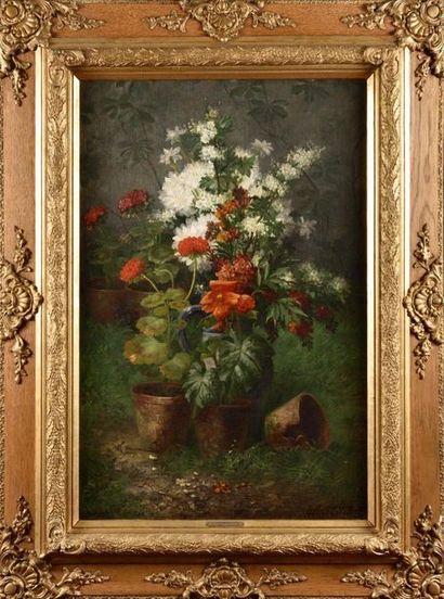 null Max Albert CARLIER (1872-1938) Nature morte aux pots de fleurs Huile sur toile...