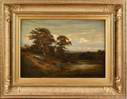 null ECOLE du XIXe siècle Paysage aux nuages roses Huile sur toile 43 x 61 cm Rentoilé...