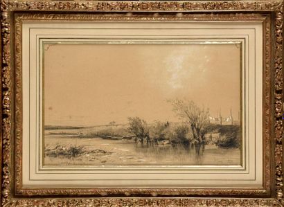 null Camille FLERS (1802-1868) Bord de rivière à Vaires Dessin au fusain et à la...