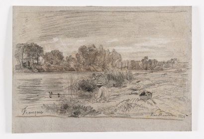 null "François Louis FRANÇAIS (1814-1897) En bord de Seine, Bas Meudon Dessin au...