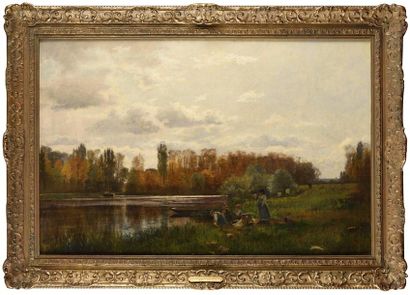 null Charles BEAUVERIE (1839-1924) Bord d'étang, lavandières en automne Oil on canvas,...