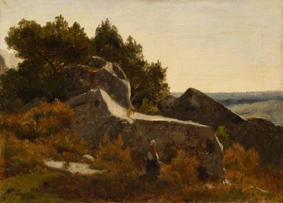null Louis Auguste LAPITO (1803-1874) Paysanne près du rochers Oil on paper on canvas,...