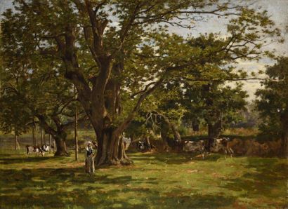 null Camille BERNIER (1823-1902) Cowherd Oil on canvas, signed lower left 58 x 80...