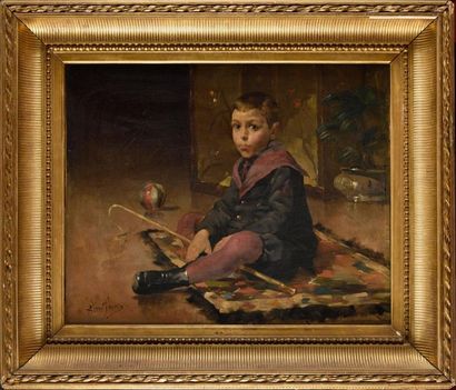 null Adrien TANOUX (1865-1923) Portrait of a child sitting on a carpet Oil on canvas,...