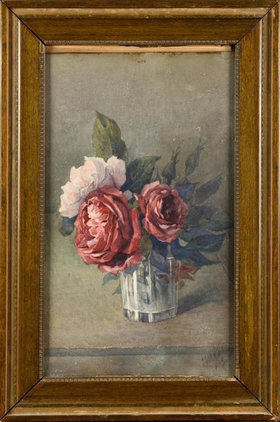 null XIXth CENTURY SCHOOL Roses in a Watercolour vase, bears an undeciphered signature...