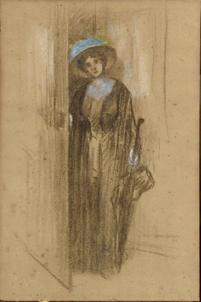 null Pierre CARRIERBELLEUSE (1851-1932/33) Elégante au chapeau bleu Fusain et pastel...