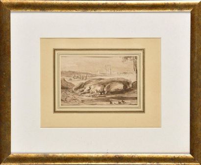 null Jean-Jacques CHAMPIN (1796-1860) Paysage animé Paysage architectural Lavis d'encre...