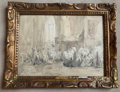 null Eugène BOUDIN (1824-1898) Religieuses en prière dans une église Crayon noir,...