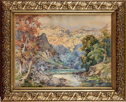 null William Georges THORNLEY (1857-1935) Paysage de montagne au lac et à la maison...