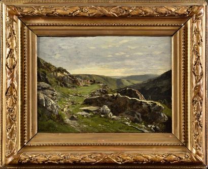 null Alexandre Rene VERON (1826-1897) Paysage du Cantal Huile sur papier contrecollé...