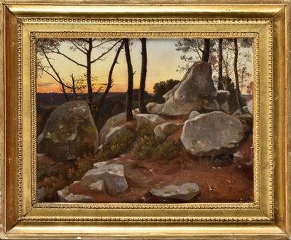 null Alexandre DESGOFFE (1805-1882) Le rocher de Bouligny, Fontainebleau Oil on paper...