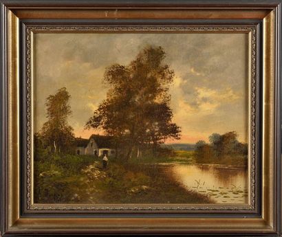 null A.DUPRE (XIXth) Sunset with thatched cottage and peasant woman Oil on canvas,...