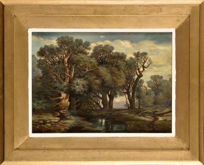 null Amédée Elie SERVIN (1829-1884) Lever de soleil sur la foret Huile sur panneau...