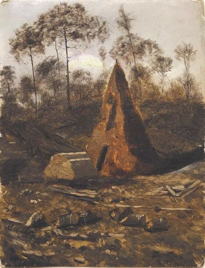 null Louis Marie CHEVALIER (act. 1876-1894) The hut Oil on cardboard Signed, lower...