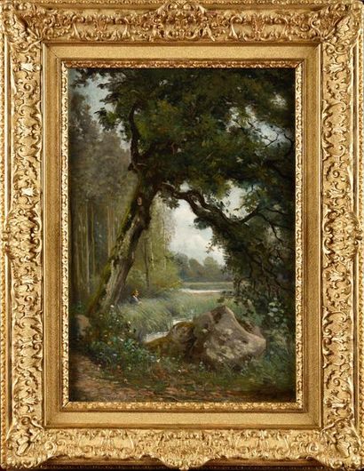 null François Louis FRANÇAIS (1814-1897) Fisherman by the pond in the forest Oil...