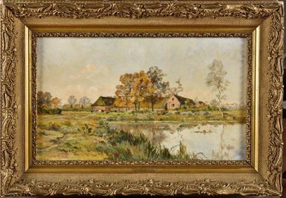 null Mario CARL- ROSA (1855-1913) Farm on pond Oil on panel, signed lower left 24...