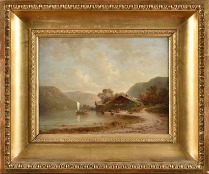 null Louis MENNET (1829-1875) Paysage suisse de montagne au barques Huile sur panneau...