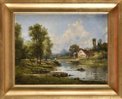 null Theodore LEVIGNE (1848 - 1912) Pêcheur près de la rivière Huile sur toile Signée...