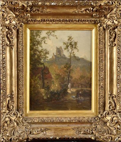 null Charles BUSSON (1822-1908) La lavandière Oil on canvas, signed and dedicated...