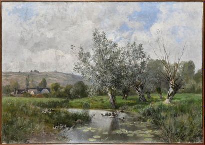 null Louis Rémy MATIFAS (1847-1896) La mare aux canards Oil on canvas, signed lower...