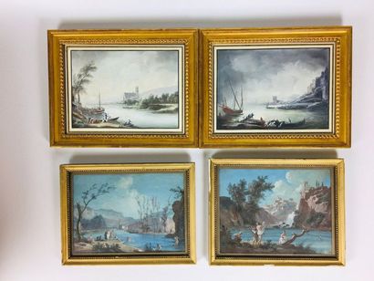 null 19th century FRENCH SCHOOL Animated scenes near a lake Two pairs of gouaches...