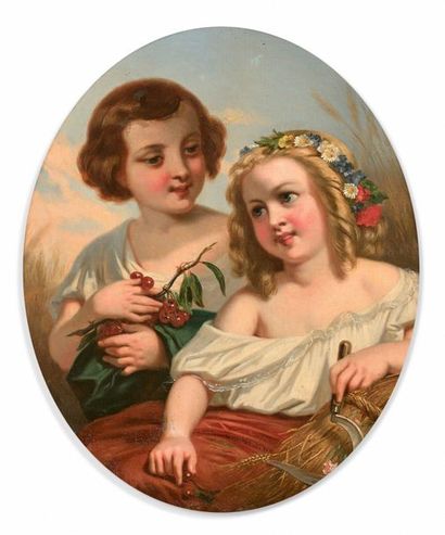 null FRENCH SCHOOL circa 1870 Couple of young children in allegory of the summer...