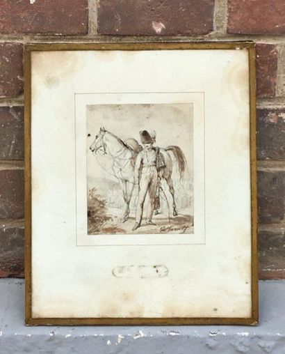 null Horace VERNET (1789-1863) Officier près de sa monture Crayon et aquarelle signée...