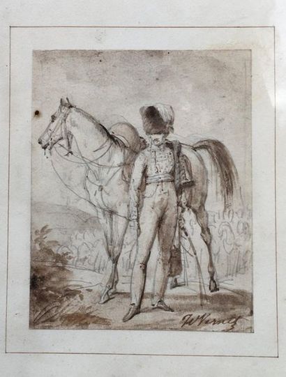 null Horace VERNET (1789-1863) Officier près de sa monture Crayon et aquarelle signée...