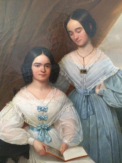 null 19th century FRENCH SCHOOL Portrait of Sisters Oil on canvas Beautiful gilded...